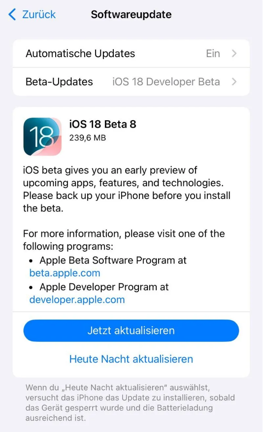 淳安苹果手机维修分享苹果 iOS / iPadOS 18 开发者预览版 Beta 8 发布 